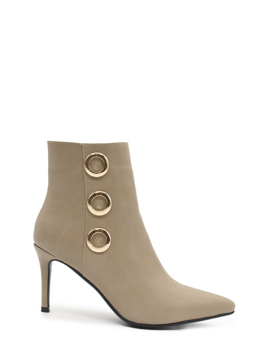 Taupe thin heel ankle boot with gold trim
