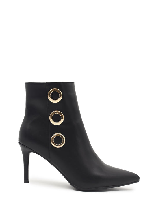 Black thin-heeled ankle boots with gold trim