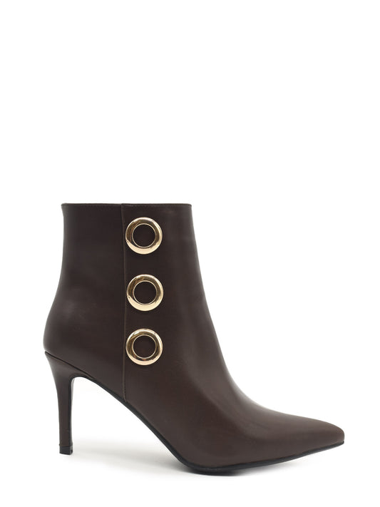 Brown thin heel ankle boots with gold trim