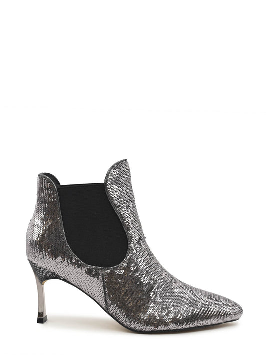 Lead-coloured sequined ankle boots with thin heel