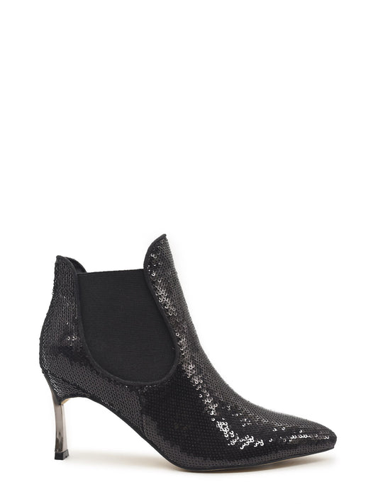 Black sequined ankle boots with thin heel