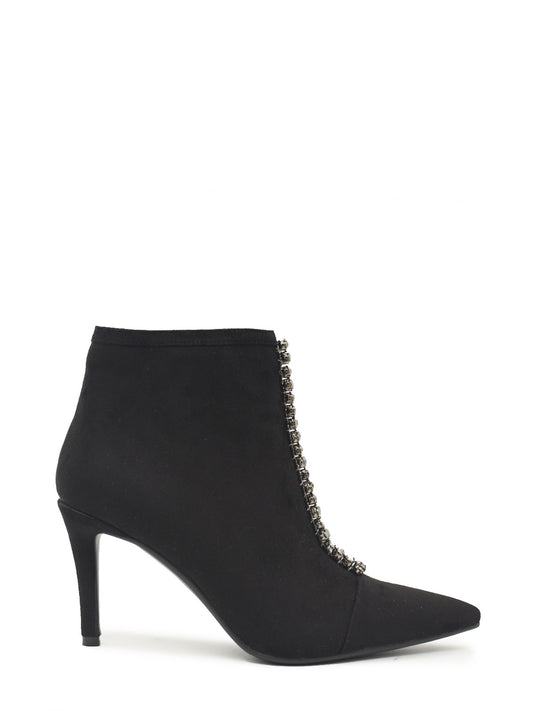 Black ankle boots with thin heels and rhinestone embellishments