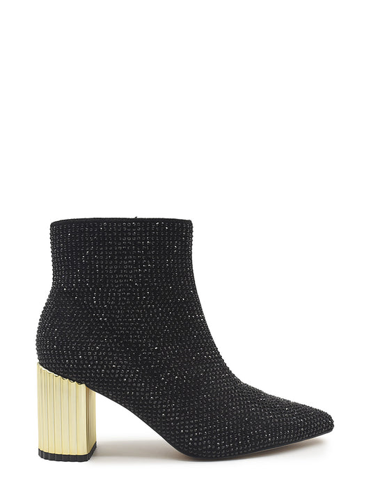 Black rhinestone ankle boot with gold heel
