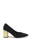 Black pump with rhinestones and gold heel