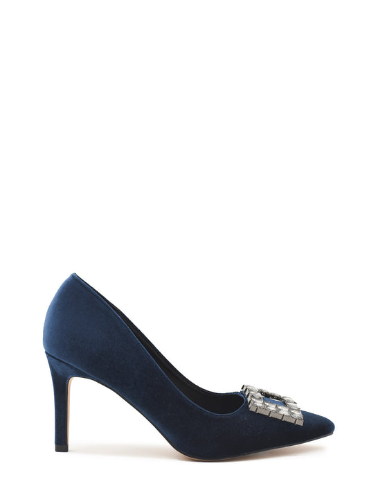 Zapato de terciopelo azul con adorno joya