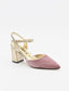 Zapato de Terciopelo Rosa con Tacón Dorado y correa