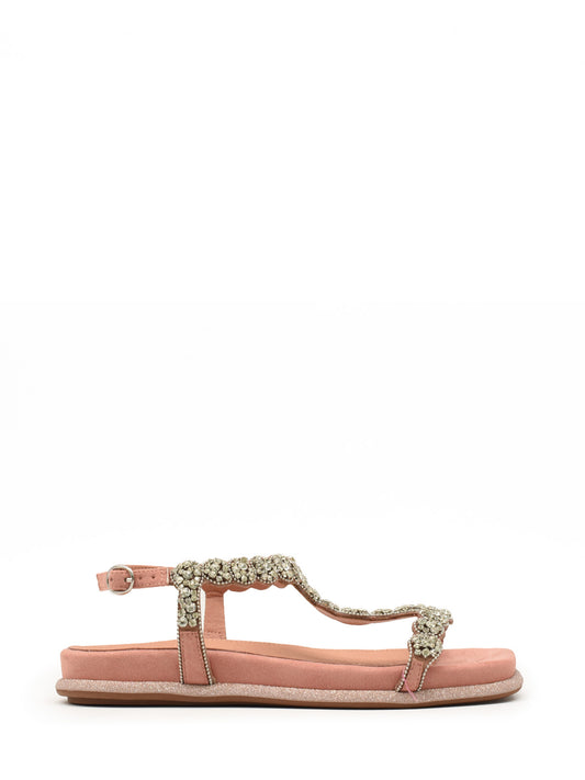 Sandalia rosa plana con adorno de pedrería