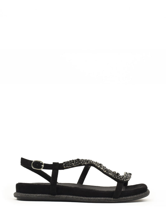 Flat black sandal with rhinestone embellishment