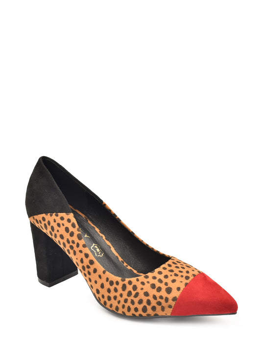 Animal print pump with red toe cap