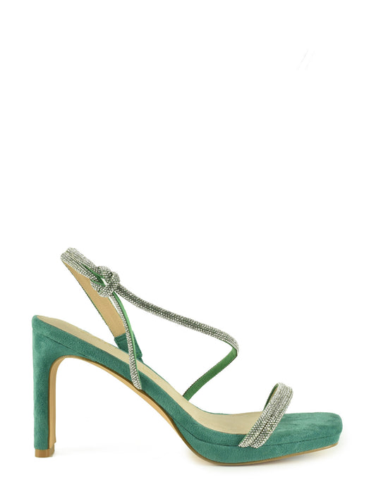 Green platform sandal with rhinestone straps