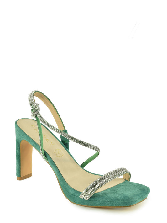 Green platform sandal with rhinestone straps