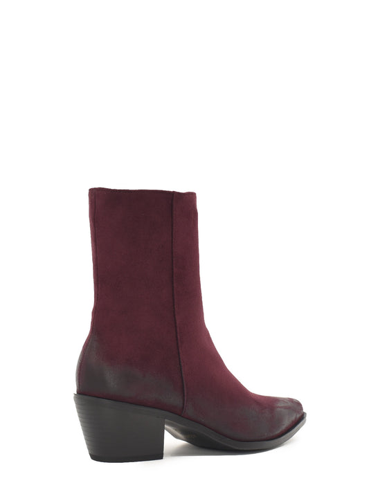 Burgundy ankle boots with a distressed effect