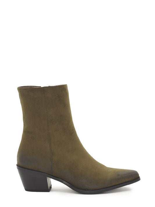 Green-brown ankle boots with distressed effect