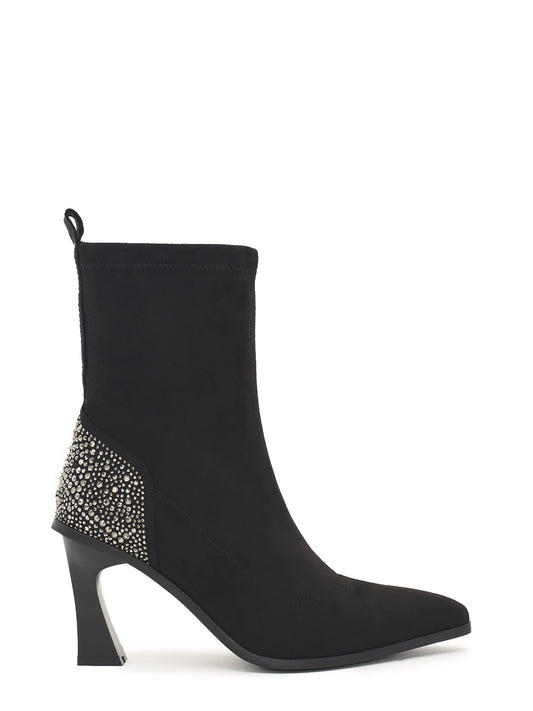 Black ankle boots with rhinestones and high heel