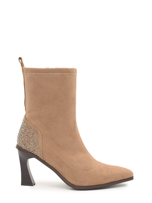 Taupe ankle boots with rhinestones and high heel