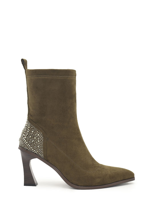 Brown green ankle boots with rhinestones and high heel