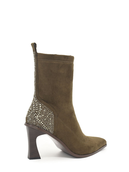 Brown green ankle boots with rhinestones and high heel