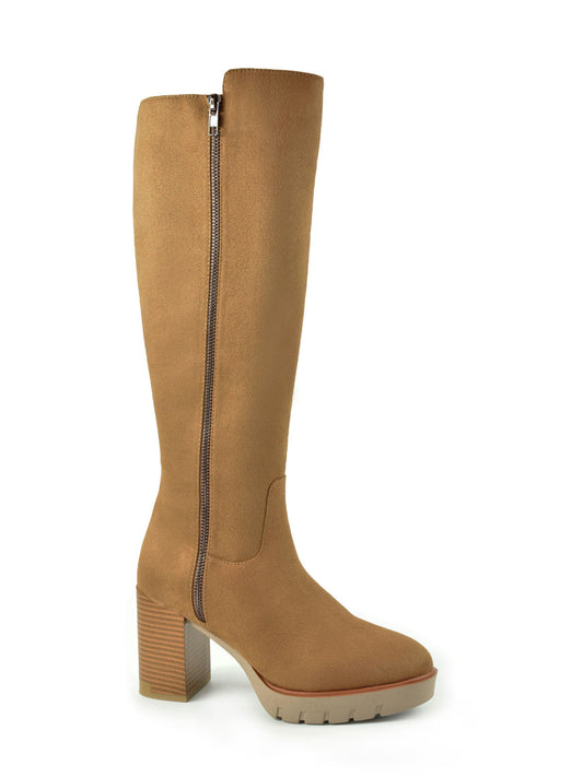 High taupe boot with wide heel