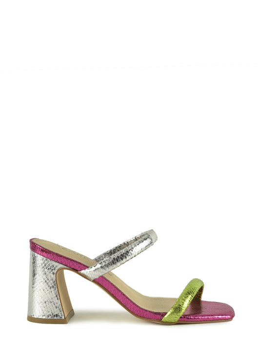Slingback sandal in green. silver and fuchsia with metallic snake effect straps