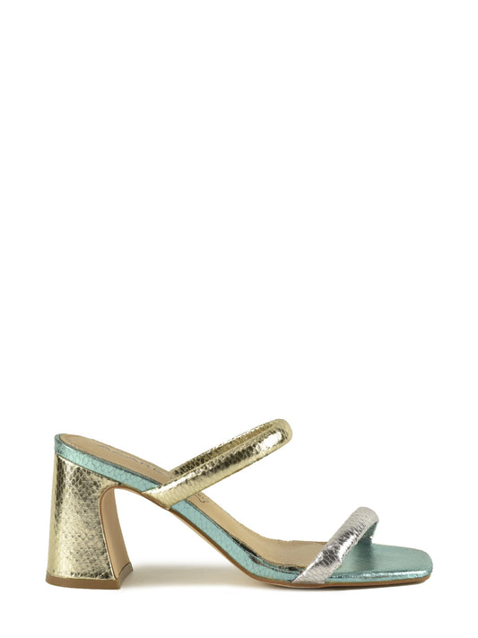Gold and green slingback sandal with metallic snake-effect straps