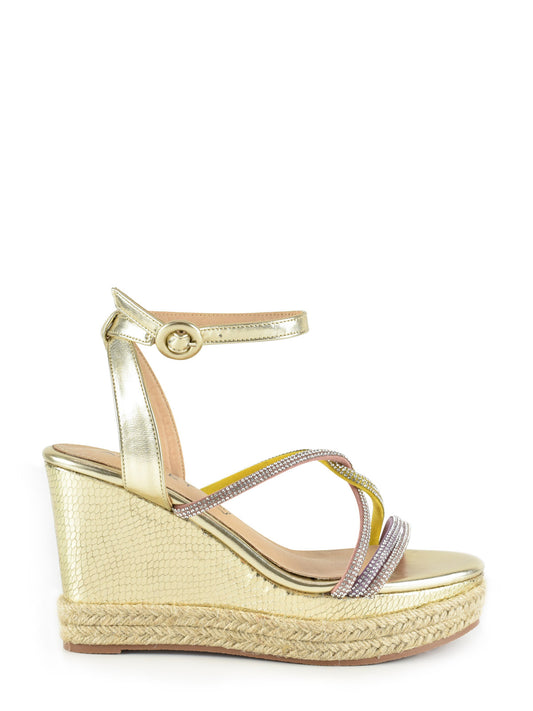 Wedge sandal with multicolored rhinestone straps in gold