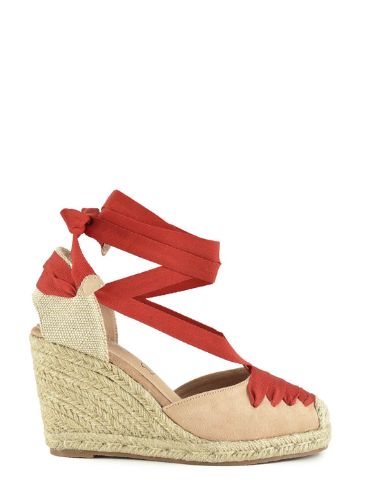 Taupe and red jute wedge