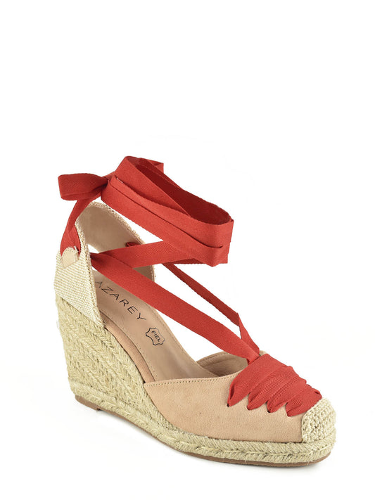 Taupe and red jute wedge