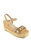 Sandalia camel con piedras y cuña de rafia