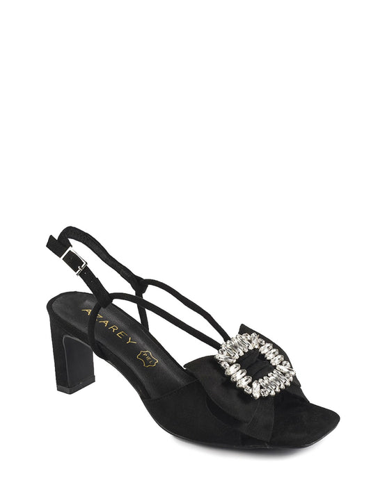 Black party sandal with embellishment and rhinestones