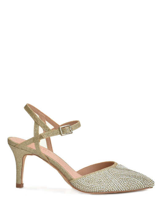 Party sandal with metallic heel and rhinestone details