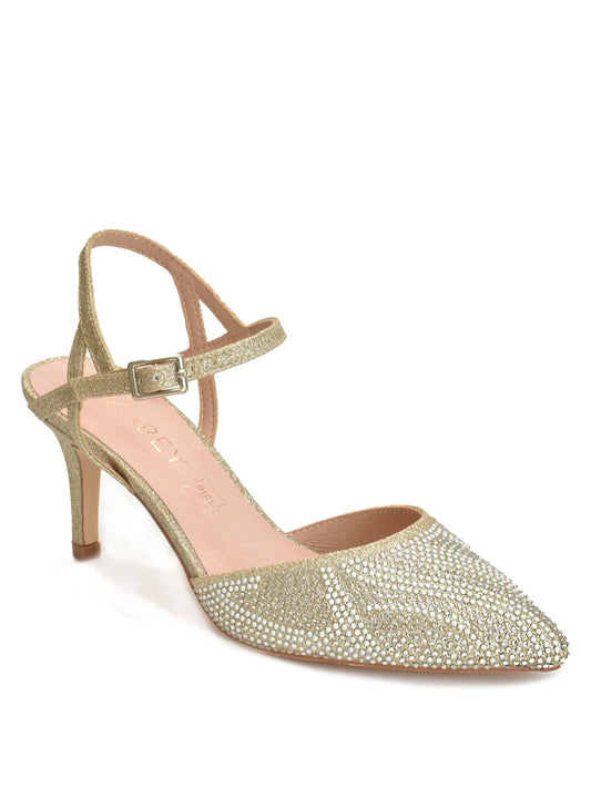 Party sandal with metallic heel and rhinestone details