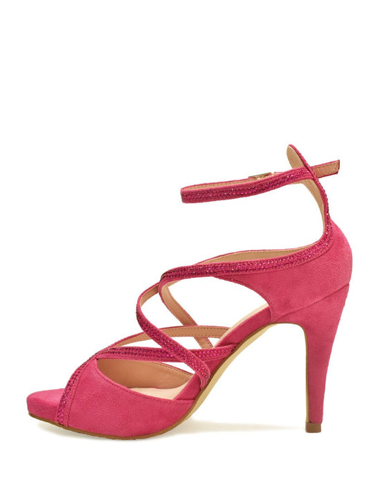 Bougainvillea-colored party sandal with bright decoration.