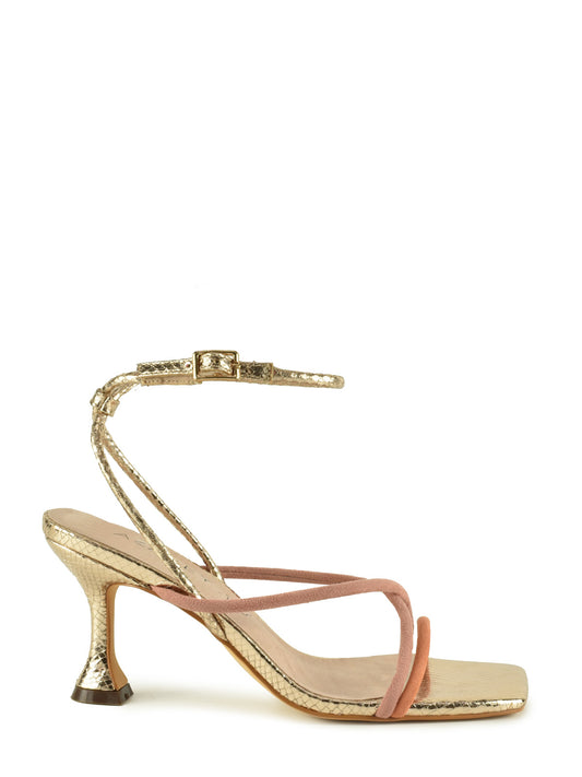 Silver heeled sandal with multicolored rose gold straps