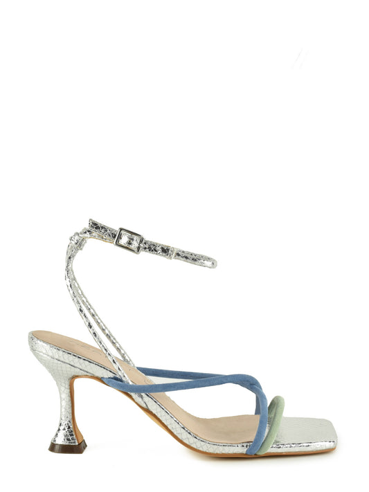 Silver heeled sandal with multicolored blue straps