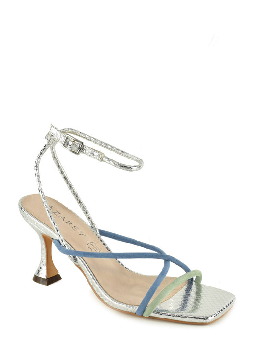 Silver heeled sandal with multicolored blue straps