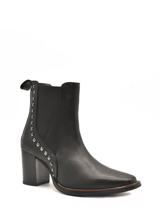 Black casual leather ankle boots with studs