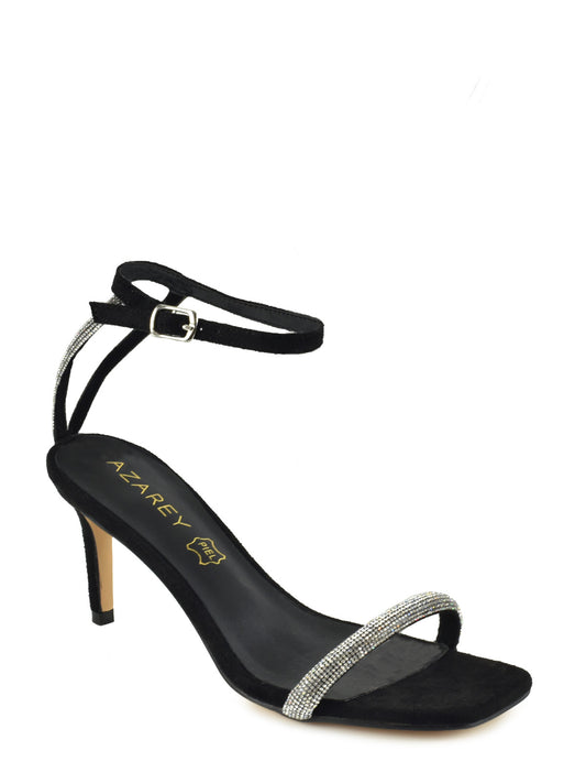 Black sandal with thin heel and rhinestone embellishment