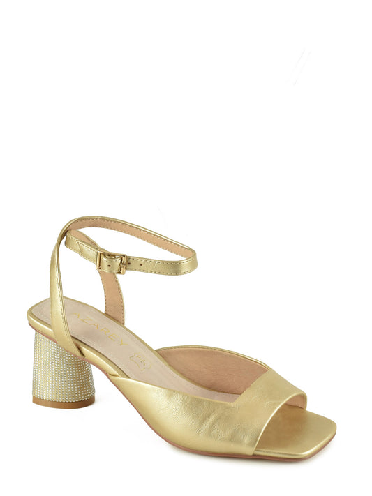 Gold-coloured sandal with rhinestones heel and buckle closure