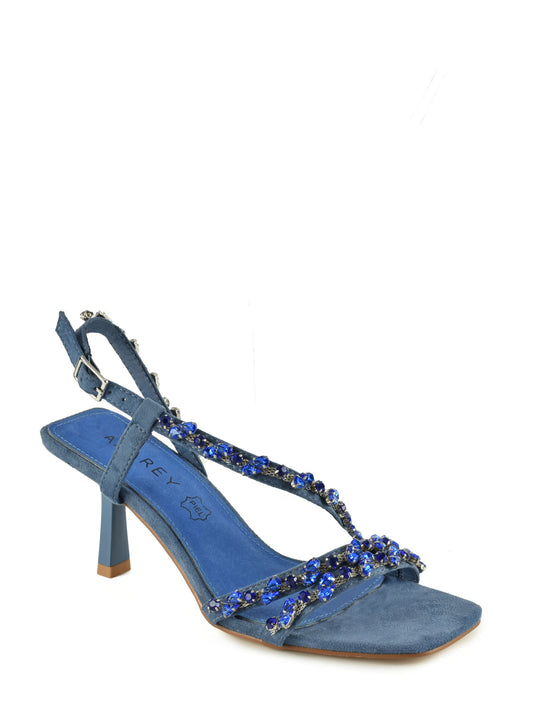 Thin-heeled sandal with straps and rhinestones in blue