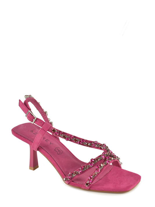 Thin-heeled sandal with straps and rhinestones in fuchsia