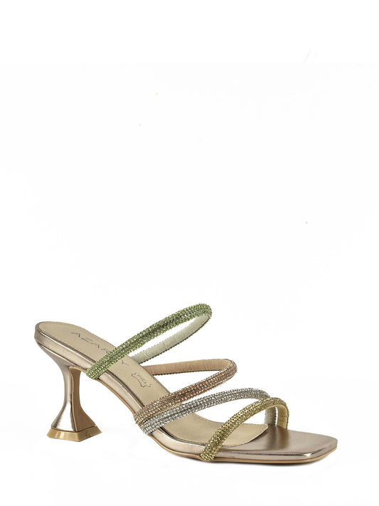 Strappy sandal with gold multicolor rhinestones