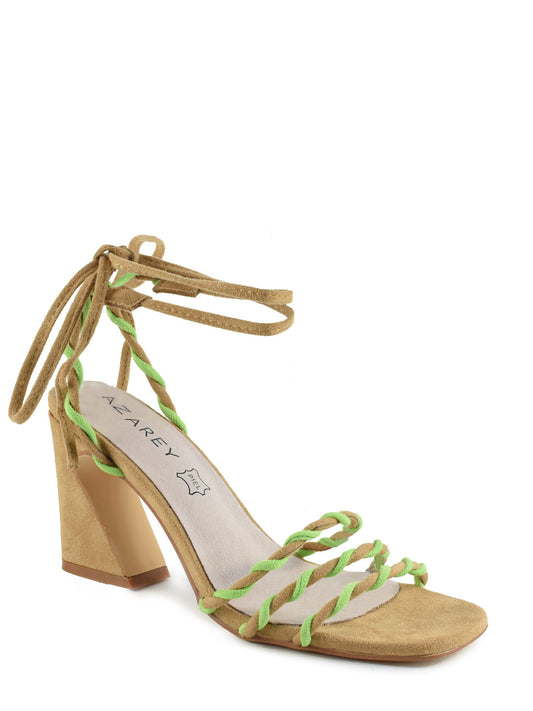 Sandal with interlocking straps in camel color and square heel