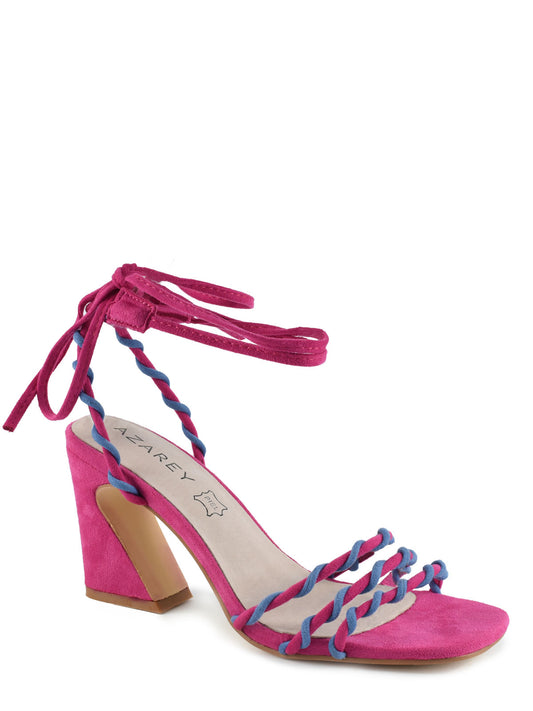 Sandal with interlocking straps in fuchsia and square heel
